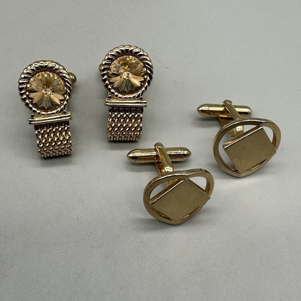 Vintage Swank Men Cufflinks Set of 2 Gold Tone Mesh Rhinestone Modern Square